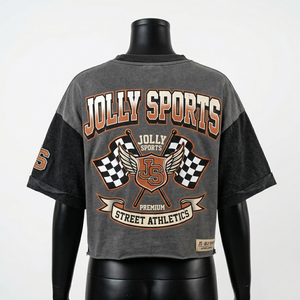 Camiseta Corta de Jersey de Algodón Premium de 220 g/m² para Mujer, Color Gris con Paneles Negros, Estilo Urbano, Logotipo Personalizado, Transpirable - Product Image 5