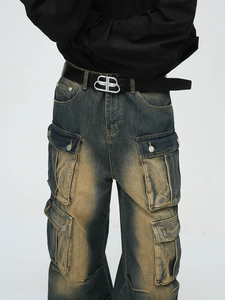 High Waist Cargo <b>Jeans</b> <b>Men</b> Bleach Stone Wash Denim Patchwork Loose Fit Streetwear Style Midweight Cotton Pants Autumn - Product Image 6