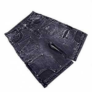 Shorts en jean noir délavé et usé |   Shorts en jean streetwear multi-poches |   Jean baggy déchiré |   Fabricant de Marques Privées OEM - Product Image 1