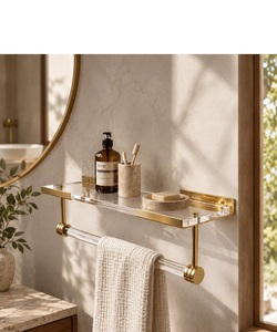 Étagère murale moderne en laiton avec plateau en verre et quincaillerie plaquée or pour le rangement dans la salle de bain - Product Image 2