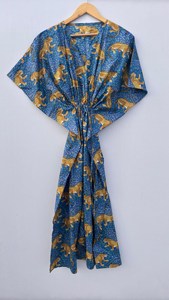 Robe kaftan bohème pour femmes, imprimé léopard bleu, coton, style safari, tenue de resort, robe maxi - Product Image 2
