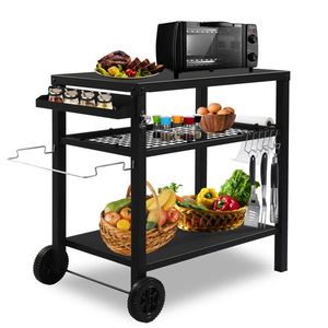 Carrello BBQ Nero Mobile con Due Ruote e Ganci, Carrello per Griglia da Esterno - Tavolo di Preparazione Cibo a Tre Ripiani - Product Image 2