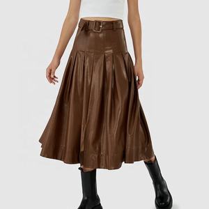 OEM 2026 Autumn Vintage Belt Flared Umbrella Brown Leather Long Skirts for Women - Product Image 1
