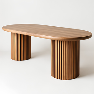 Modern Teak <b>Wood</b> Oval <b>Dining</b> <b>Table</b> with Double Fluted Pedestal Base - Product Image 1