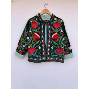 Premium Quality Suzani Embroidery Cotton Knitted <b>Jacket</b> with Button Detail Winter Festive Floral Design - Product Image 4