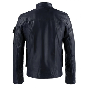 Mens Black Genuine Leather Streetwear Jacket Four Flap Pockets Shoulder Epaulets Stand Collar <b>Zip</b> Front Premium Custom Outerwear - Product Image 2