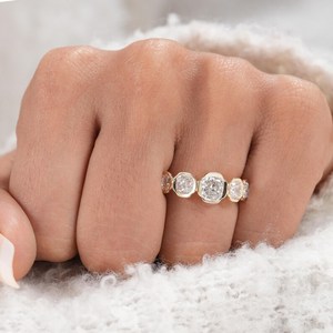 Luxury Cushion Cut Diamond Five Stone <b>Ring</b> Bezel Set Lab Grown 14K Yellow Gold For Unisex Wedding Wishes Gift For Friends - Product Image 5