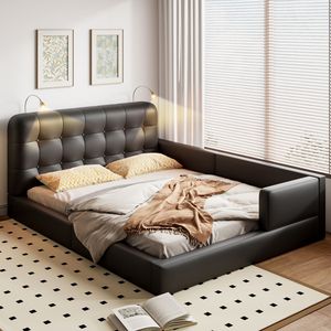 Letto matrimoniale imbottito nero con piattaforma e 2 luci da lettura - Product Image 2