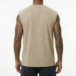 Men's <b>White</b> Cotton <b>Tank</b> <b>Top</b> O-Neck Solid Color Vintage Breathable Beading Casual Knitted Sleeveless Shirt - Product Image 3