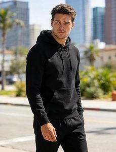 Ensemble survêtement homme noir à capuche et pantalon, couleur unie, décontracté, manches longues, 100% coton respirant, coupe classique - Product Image 1