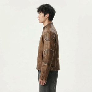 Blouson Moto Homme en Cuir Marron 68 Road avec Patch Brodé, Col Montant, Fermeture Éclair, Style Automne, Doublure en Polyester - Product Image 4