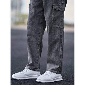 Jean cargo multipoches gris anthracite style rétro vintage tendance moderne, coupe ample, en denim, éco-responsable, style urbain, bas de tenue mode - Product Image 3