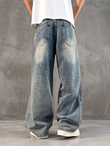 Jeans holgados de corte relajado con tono vintage para hombre |   Pantalones Vaqueros Anchos de Mezclilla Azul Retro |   Pantalones Casuales de Pierna Recta Estilo Skater - Product Image 6