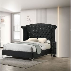 Elegante Testiera per Letto Queen Size con Bottoni e Schienale Alto, in Legno, Metallo e Tessuto Nero Imbottito, Arredamento Camera da Letto - Product Image 2
