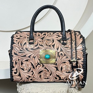 Handmade Cow Leather Large Speedy Duffel Bag with Turquoise Stone Concho Western Design Custom Travel Handbag for Women's - Product Image 1