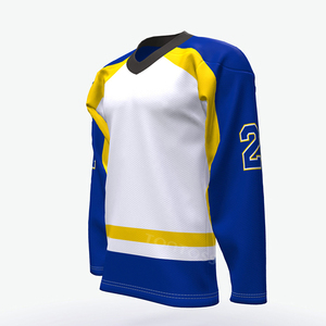 Custom Men's Ice Hockey Jersey <b>White</b> Blue Yellow Sublimated Moisture Wicking Full Sleeve V-Neck Adult Size - Product Image 3