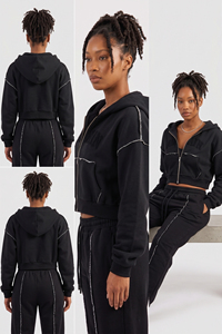 Women's Winter Wear Crop Hoodie Outer <b>Distressed</b> Fleece Cotton Zipper Hood Ladies Customized Front Chenille Embroidery Crop <b>Top</b> - Product Image 4