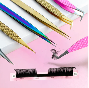 Pinces à cils de précision en acier inoxydable, ensemble rose et jaune, emballage en boîte, pointe lisse, outil professionnel pour les cils - Product Image 3