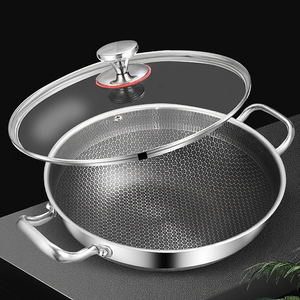 Honeycomb Stainless Steel Wok with Double <b>Handles</b> Non-stick Deep Frying <b>Pan</b> Soup Casserole with Glass Lid - Product Image 1