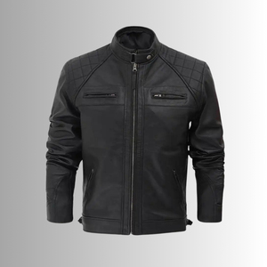 Men's Black PU Leather <b>Waterproof</b> Breathable Eco-Friendly Moto <b>Jacket</b> Stand Collar Zipper Closure Slim Fit Regular Length Solid - Product Image 1