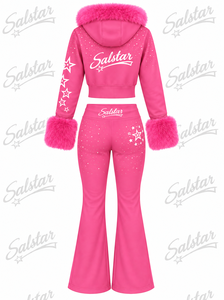 Women’s Pink <b>Velour</b> <b>Tracksuit</b> Set with Pink Fur Hood, Rhinestone Star Design & Flared Pants – Custom Logo Fashion Jogger Set - Product Image 4