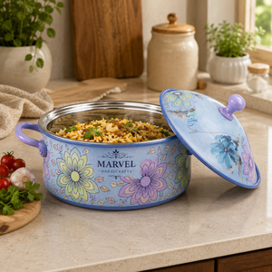 Casserole en acier émaillé bleu floral de qualité supérieure Marvel Handicrafts avec couvercle, pot de service à rétention de chaleur, ustensile de cuisine élégant, cadeau - Product Image 3