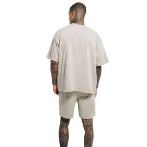 T-shirt beige surdimensionné pour homme, mélange de coton, col rond, streetwear décontracté, tee-shirt basique - Product Image 2