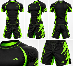 JS <b>Men's</b> Black Green Digital Print Custom Logo Front MMA Rash Guard Compression Shirt <b>Shorts</b> Set Fitted Moisture Wicking - Product Image 5