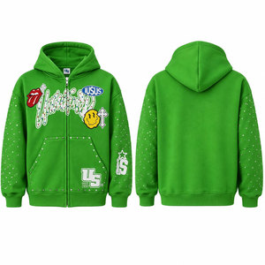 เสื้อฮู้ดซิปสีเขียวสำหรับผู้ชาย พิมพ์ลายกราฟิกเพชร ลายการ์ตูน ฮิปฮอป สตรีทแวร์ - Product Image 1