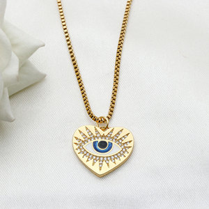 Collier Pendentif Cœur Œil Turc en Argent Sterling 925 Plaqué Or avec Émail Bleu et Zircon, Bijou Charmant pour Femme, Idéal Cadeau - Vente en Gros - Product Image 1
