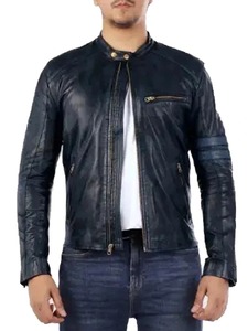 เสื้อแจ็คเก็ตหนังคาเฟ่เรเซอร์สีน้ำเงินกรมท่าสำหรับผู้ชาย - Product Image 1