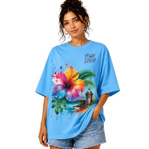 เสื้อยืดโอเวอร์ไซส์สีฟ้าพาสเทลลายดอกชบาแบบทรอปิคอลของเปอร์โตริโกสำหรับผู้หญิง พิมพ์ลายกราฟิก รับทำโลโก้ เสื้อยืดลำลองผ้าฝ้ายสำหรับฤดูร้อน ขายส่งแบบ OEM - Product Image 1