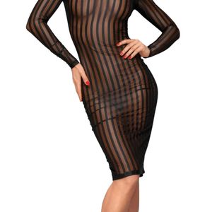 Women's Black Striped Mesh Bodycon Dress Long Sleeve Sheer Fitted Midi Dress With <b>Open</b> Back - Product Image 2