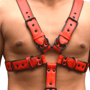 Adjustable Chest and Waist Straps With Black Metal Buckles Fashion Streetwear & Costume Gear Red <b>Leather</b> Body <b>Harness</b> For Men - Product Image 5