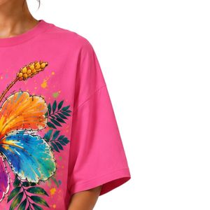 Camiseta Extra Grande Rosa Intenso para Mujer con Estampado Gráfico de Flor de Hibisco Colorida, Camiseta Casual de Algodón para Verano, Personalizada OEM ODM al por Mayor - Product Image 4