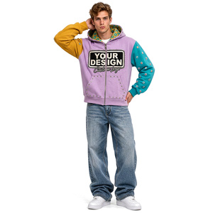 Sudadera con capucha para hombre, de algodón grueso, con diseño de bloques de color y cremallera, bordado personalizado, estilo urbano, informal, a la moda. - Product Image 4