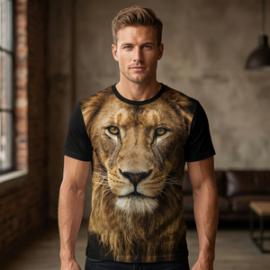 T-shirt à manches courtes pour homme avec impression photo de lion, coupe classique, col rond, style décontracté, tissu tissé 100% polyester - Product Image 6