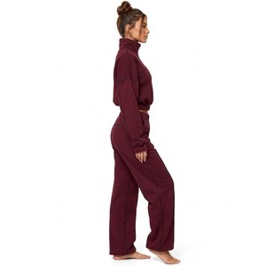 Women's Burgundy Fleece 2-Piece Set <b>Turtleneck</b> Zip-Up <b>Crop</b> <b>Top</b> Wide Leg Sweatpants Casual Loose Fit All Seasons Wear - Product Image 3