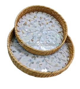 Juego de bandeja de ratán Redonda India hecha a mano asequible y mejorada con Incrustaciones de nácar para mesa de lujo que sirve REGALOS FESTIVOS - Product Image 5
