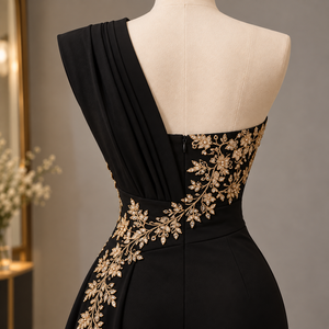 Robe de soirée longue asymétrique noire en satin à épaule unique avec broderie florale dorée, design fourreau et drapage fait main - Product Image 4