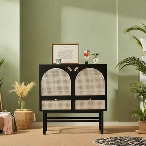 Decorative Wood and Rattan <b>Black</b> <b>Cabinet</b> with Arch Doors Modern Boho Design and Drawers Perfect Storage Solution for Living Room - Product Image 1