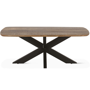 Table basse ovale en bois de manguier massif industriel avec plateau incurvé et pieds pliants en métal en forme d'araignée, finition brute noire et naturelle - Product Image 2