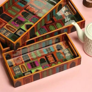 Set of 3 Decorative MDF Serving Trays High-<b>Gloss</b> <b>Paper</b> Enamel Nesting Trays with Floral Bird Print Luxury Wooden Ottoman Tray - Product Image 4