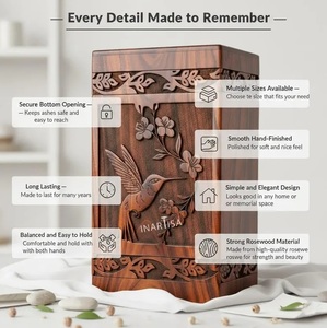 Handcrafted Rosewood Cremation Urn for Human <b>Ashes</b> - Hummingbird Engraved Wooden Memorial <b>Box</b> - Product Image 3