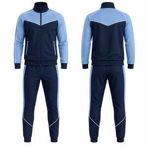 Ensemble de survêtement sportif pour homme, bleu marine et bleu clair, avec fermeture éclair intégrale et poches latérales, idéal pour l'automne - Product Image 1