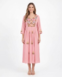 Kurti Midi de Algodón Tejido Bordado Rosa con Cintura Natural y Corte en A, Estampado Floral, para Mujer, Ideal para Bodas y Fiestas - Product Image 3