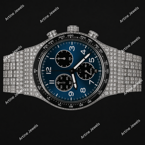 Reloj Cronógrafo con Esfera Azul y Diamantes, Reloj de Lujo para Hombre con Brazalete Plateado, Accesorio de Joyería de Moda Premium, Regalo - Product Image 2