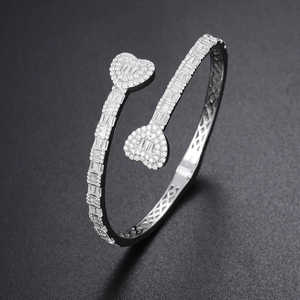 <b>Solid</b> <b>Gold</b> Twin Heart Bypass <b>Bangle</b> Lab Grown Diamond Open Cuff Bracelet 14K <b>Gold</b> Baguette Diamond IGI Certified Anniversary - Product Image 2