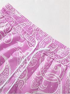 Men's Pink Paisley Print Mid Waist Casual Four-Way Stretch Drawstring Shorts Gothic Cross Logo Breathable Satin <b>Board</b> - Product Image 2