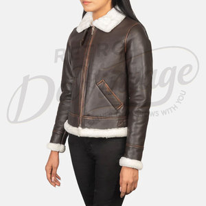 Women Dark <b>Brown</b> Distressed Real <b>Leather</b> <b>Jacket</b> White Faux Fur Trim Slim Fit Premium Sheepskin Winter Biker Outerwear Coat - Product Image 5